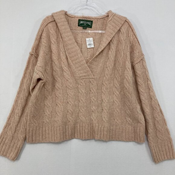 New American Eagle size Small Mauve Tan Cable Knit Hooded Oversized Sweater - Picture 1 of 10